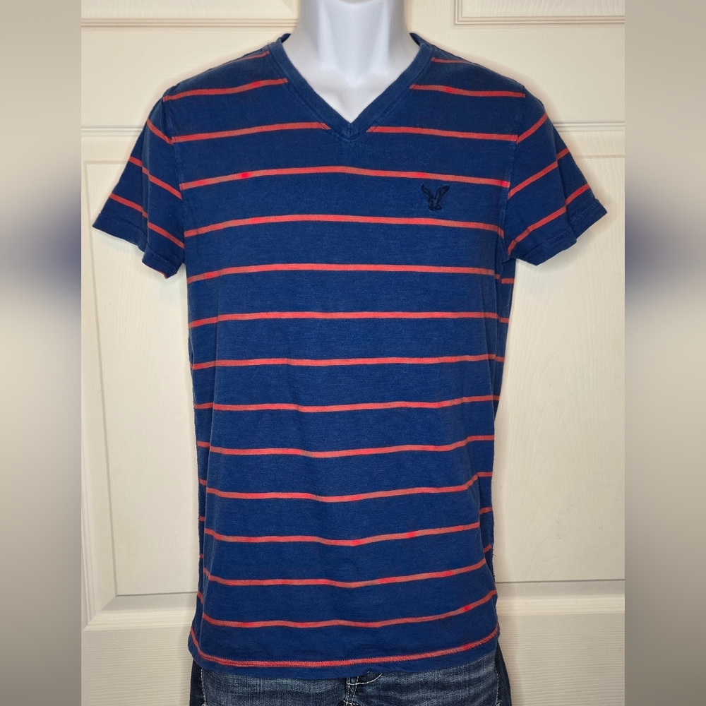 Men’s American Eagle Striped V-Neck Tee – Blue/Orange, Size Small (Athletic Fit)